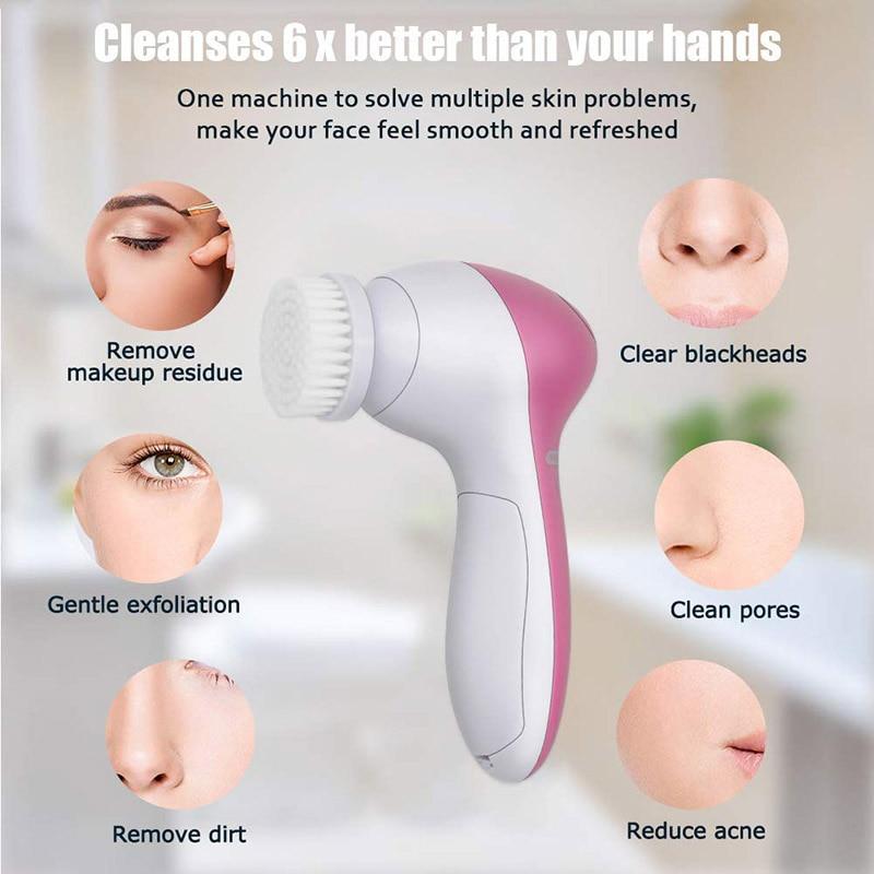 Compact battery-powered facial cleansing brush, travel size